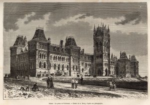 Das Parlamentsgebäude in Ottawa, erbaut zwischen 1859 und 1876, graviert nach einer Zeichnung von A. Deroy, zur Illustration des Ausflugs nach Kanada und zum Red River of the North, von H. De Lamotte 1873, veröffentlicht in „Le tour du monde“ 1875, herausg