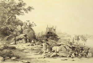 Hausboote in der Bucht von Cowloon, Platte 6 aus Skizzen von China, graviert von Eugene Ciceri, 1842 von Auguste after Borget
