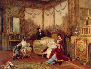 Victorien Sardou (1831-1908), Dramatiker, und seine Kinder. Ansicht aus dem Inneren eines Wohnzimmers mit Feuer vor dem Kamin
