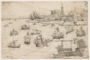 Jona und der Wal auf einem See mit Segelschiffen, 1546 von Augustin Hirschvogel
