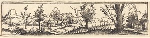 Landschaft mit sechs einzelnen Bäumen und drei kleinen Bauernhäusern