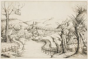 Landschaft mit einer gebogenen Holzbrücke von Augustin Hirschvogel