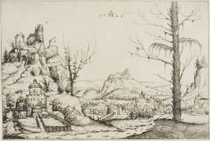 Landschaft mit einer Festung auf einem Hügel