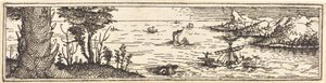 Landschaft mit einem See und Segelschiffen