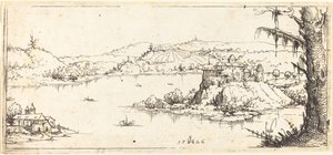 Landschaft mit großem See in der Mitte von Augustin Hirschvogel