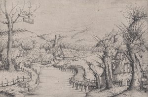 Flusslandschaft mit drei kahlen Weiden rechts und einer langen, gewundenen Holzbrücke, 1546 von Augustin Hirschvogel