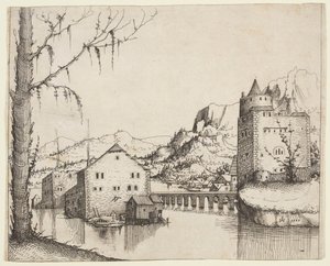 Flusslandschaft mit zwei Gebäuden, verbunden durch eine Brücke von Augustin Hirschvogel