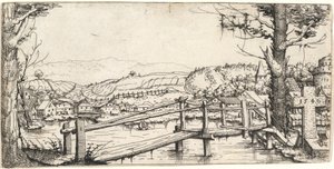 Flusslandschaft mit einer Fußbrücke, 1546 von Augustin Hirschvogel