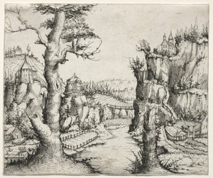 Flusslandschaft mit Felsen links und rechts