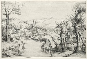 Flusslandschaft mit drei kahlen Weiden rechts und einer langen, gewundenen Holzbrücke in der Mitte, die zu einem Dorf führt von Augustin Hirschvogel