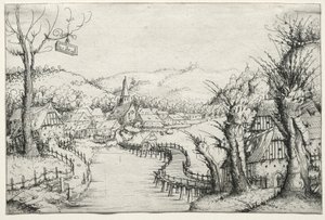 Flusslandschaft mit drei kahlen Weiden und einer langen, gewundenen Holzbrücke von Augustin Hirschvogel