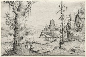 Flusslandschaft mit großem Baum links von Augustin Hirschvogel