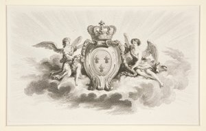Königliches Wappen mit Lilien flankiert von Engeln, Reproduktion aus dem 19. Jahrhundert von Augustin de Saint Aubin