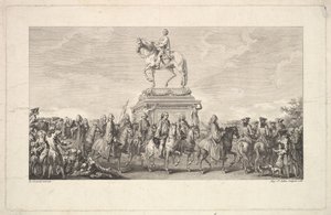 Die Einweihung der Statue von Ludwig XV., Vignette auf Seite 1, aus Beschreibung der Arbeiten, 1766 von Augustin de Saint Aubin