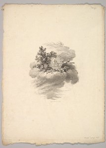 Vignette mit Münze auf einer Wolke mit Rosen links und Tauben unten und rechts von Augustin de Saint Aubin