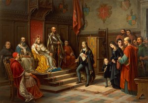 Friedrich III., gedrängt, gegen die Türken zu marschieren, von Triester Dichter Raffaele Zovenzoni, von Augusto Tominz (1818-1883)
