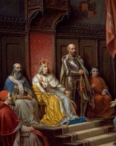 Friedrich III. auf dem Thron, Detail (Friedrich III. wird vom Triester Dichter Raffaele Zovenzoni gedrängt, gegen die Türken zu marschieren)