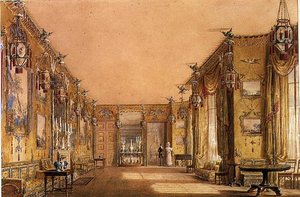 Innenraum des gelben Salons im Brighton Pavilion, um 1820 von Augustus Charles Pugin