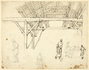 Abgelehnte Studie, möglicherweise für eine Illustration des Zollhauses, aus Microcosm of London (recto); Skizzen von Arbeitern mit Fässern (verso) von Augustus Charles Pugin