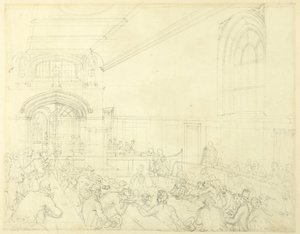 Studie für die Gildehalle, Untersuchung eines Bankrotten vor seinen Gläubigern, aus Mikrokosmos von London von Augustus Charles Pugin