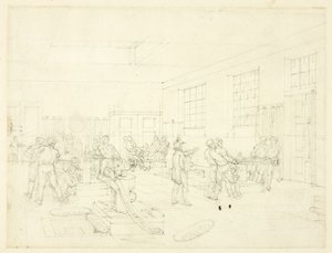 Studie für Die Münze, aus Microcosm of London (recto); Skizze des Innenhofs (verso) von Augustus Charles Pugin