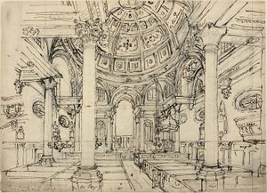 Studie für die Walbrook-Kirche (recto); Skizzen von Segelbooten, Männern und Dinghies (verso)