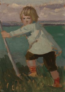 Junge auf einer Klippe, der sich auf einen Stock stützt von Augustus John