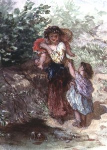 Mädchen steht mit einem Kind auf den Schultern, ein weiteres Kind an ihrer Seite von Augustus Jules Bouvier