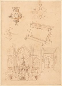 Entwürfe für gotische Ornamentik, ein Kniekissen und zwei Skizzen der Innenräume gotischer Kirchen von Augustus Welby Northmore Pugin