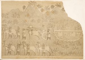 Streitwagen und Begleiter von Sanherib und eine Burg auf einem Berg (Kouyunjik), aus Denkmäler von Ninive, veröffentlicht 1849