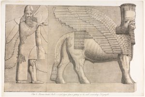 Denkmäler von Ninive: Tafel 3, Menschlicher Stierkopf und geflügelte Figur von einem Tor im Mauerwerk um Kouyunjik (Quyunjik)