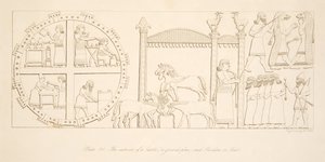 Das Innere einer Burg (ein Grundriss) und Pavillon oder Zelt, aus Denkmäler von Ninive, veröffentlicht 1849 von Austen Henry Layard