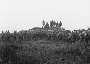 Gruppenporträt einer Panzerbesatzung und einiger Mitglieder der 5. Australischen Infanteriebrigade, 8. August 1918 von Australian Photographer