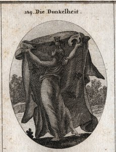 Allegorie der Dunkelheit. Sie breitet einen dunklen Schleier aus, mit dem sie das Eindringen von Licht verhindert. Ihre Attribute sind die Eule und andere Nachtvögel. Gravur in „Iconologie oder Ideen aus dem Gebiete der Leidenschaften und Allegorien bildli von Austrian School