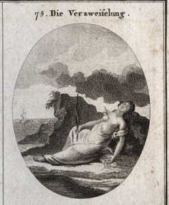 Allegorie der Verzweiflung, die einen Dolch in der Brust und einen Zweig Zypresse in der Hand darstellt (Baum, der einst die Gräber schmückte). Der Kompass ist das Emblem der Unordnung des Denkens. Gravur in „Iconologie oder Ideen aus dem Gebiete der Leide