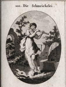Allegorie der Schmeichelei, die Flöte spielt, um zu zeigen, dass sie sich durch die Süße ihrer Worte einschmeicheln will. Ihr Attribut ist die Biene (für die Süße des Honigs und das Gift des Stachels) und der Blasebalg (Schmeichelei entfacht das Feuer der 