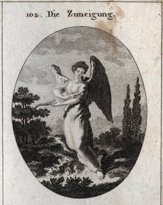 Allegorie der Zuneigung oder Freundlichkeit. Sein Attribut ist die Eidechse, Symbol seiner Freundlichkeit und natürlichen Zuneigung zu den Menschen. Gravur in „Iconologie oder Ideen aus dem Gebiete der Leidenschaften und Allegorien bildlich dargestellt für von Austrian School