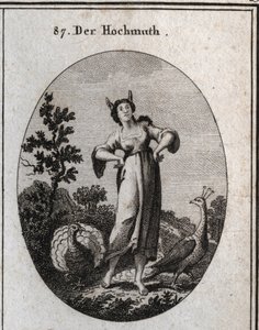 Allegorie der Arroganz. Ihre Eselsohren kennzeichnen Unwissenheit und ihre Haltung zeigt ihren Stolz. Der Pfau ist ein Symbol des Stolzes und der Truthahn, der das Rad schlägt, ist das der Dummheit. Gravur in „Iconologie oder Ideen aus dem Gebiete der Leid