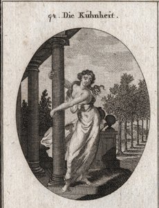 Allegorie der Kühnheit, die eine Säule umarmt, die ein Gebäude stützt, während sie versucht, es niederzureißen. Gravur in „Iconologie oder Ideen aus dem Gebiete der Leidenschaften und Allegorien bildlich dargestellt für Zeichner, Maler, Dichter, Gelehrte, 