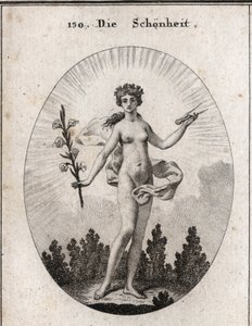 Allegorie der Schönheit. Der Zirkel ist das Emblem der Genauigkeit der Proportionen. Die Lilie ist das Symbol der Schönheit. Gravur in "Iconologie oder Ideen aus dem Gebiete der Leidenschaften und Allegorien bildlich dargestellt für Zeichner, Maler, Dichte