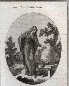 Allegorie der Bitterkeit. Sie schaut traurig auf eine Wermutpflanze, die in einem Honigbienenstock keimt. Gravur in „Iconologie oder Ideen aus dem Gebiete der Leidenschaften und Allegorien bildlich dargestellt für Zeichner, Maler, Dichter, Gelehrte, Erzieh von Austrian School