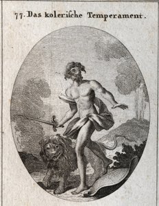 Allegorie des cholerischen Temperaments. Er hält ein Schwert zum Angriff und hat gerade seinen Schild weggeworfen, ohne sich zu verteidigen. Sein Attribut ist ein bedrohlicher Löwe. Gravur in "Iconologie oder Ideen aus dem Gebiete der Leidenschaften und Al von Austrian School