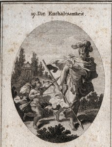 Allegorie der Enthaltsamkeit, heroische Tugend dargestellt als Kriegerin mit Helm und Speer, der zur Erde gerichtet ist. Sie vermeidet es, Leidenschaften (dargestellt durch die Liebe) zu bekämpfen und verteidigt sich gegen deren Reize, um ihre Keuschheit z