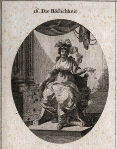 Allegorie der Höflichkeit, dargestellt durch eine wohlhabende, anmutige und lächelnde Frau, die Geld und Schmuck verteilt. Gravur in „Iconologie oder Ideen aus dem Gebiete der Leidenschaften und Allegorien bildlich dargestellt für Zeichner, Maler, Dichter, von Austrian School