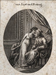 Allegorie von List und Täuschung. Ausdruck: Wer dir mehr Zärtlichkeiten als gewöhnlich gibt, hat dich entweder betrogen oder will dich täuschen. Gravur in 