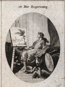 Allegorie der Wonne dargestellt durch einen jungen Mann, der eine Lyra hält, neben einem Gemälde mit Früchten, Büchern, Waffen und zwei Tauben, die sich gegenseitig liebkosen, alles symbolisiert den Reiz der Sinne. Gravur in „Iconologie oder Ideen aus dem 
