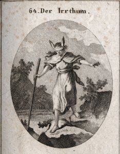 Allegorie des Irrtums in einer taumelnden Haltung mit einer Augenbinde und Eselsohren, um zu zeigen, dass Blindheit und Unwissenheit die Quellen des Irrtums sind. Sie bewegt sich auf einen Abgrund zu und tastet mit ihrem Stock. Gravur in „Iconologie oder I von Austrian School