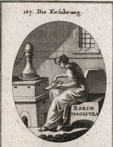 Allegorie der Erfahrung, die das Ergebnis von Studium und Zeit ist. Sie prüft Gold auf einer Schlüsselplatte. Gravur in „Iconologie oder Ideen aus dem Gebiete der Leidenschaften und Allegorien bildlich dargestellt für Zeichner, Maler, Dichter, Gelehrte, Er von Austrian School