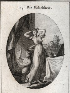 Allegorie der Falschheit. Ihr Emblem ist eine Sirene, die sich in einem Spiegel betrachtet. Gravur in „Iconologie oder Ideen aus dem Gebiete der Leidenschaften und Allegorien bildlich dargestellt für Zeichner, Maler, Dichter, Gelehrte, Erzieher und Freunde
