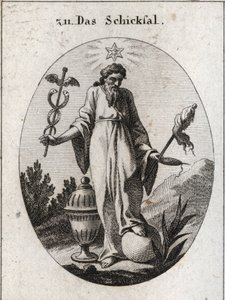 Allegorie des Schicksals. Ein Stern darüber zeigt astrologische Berichte über Vorfälle im menschlichen Leben. Er hält in einer Hand ein Symbol seiner Macht und in der anderen eine Rohrkolben-Symbol und eine Spindel, deren gebrochener Faden die Zerbrechlich